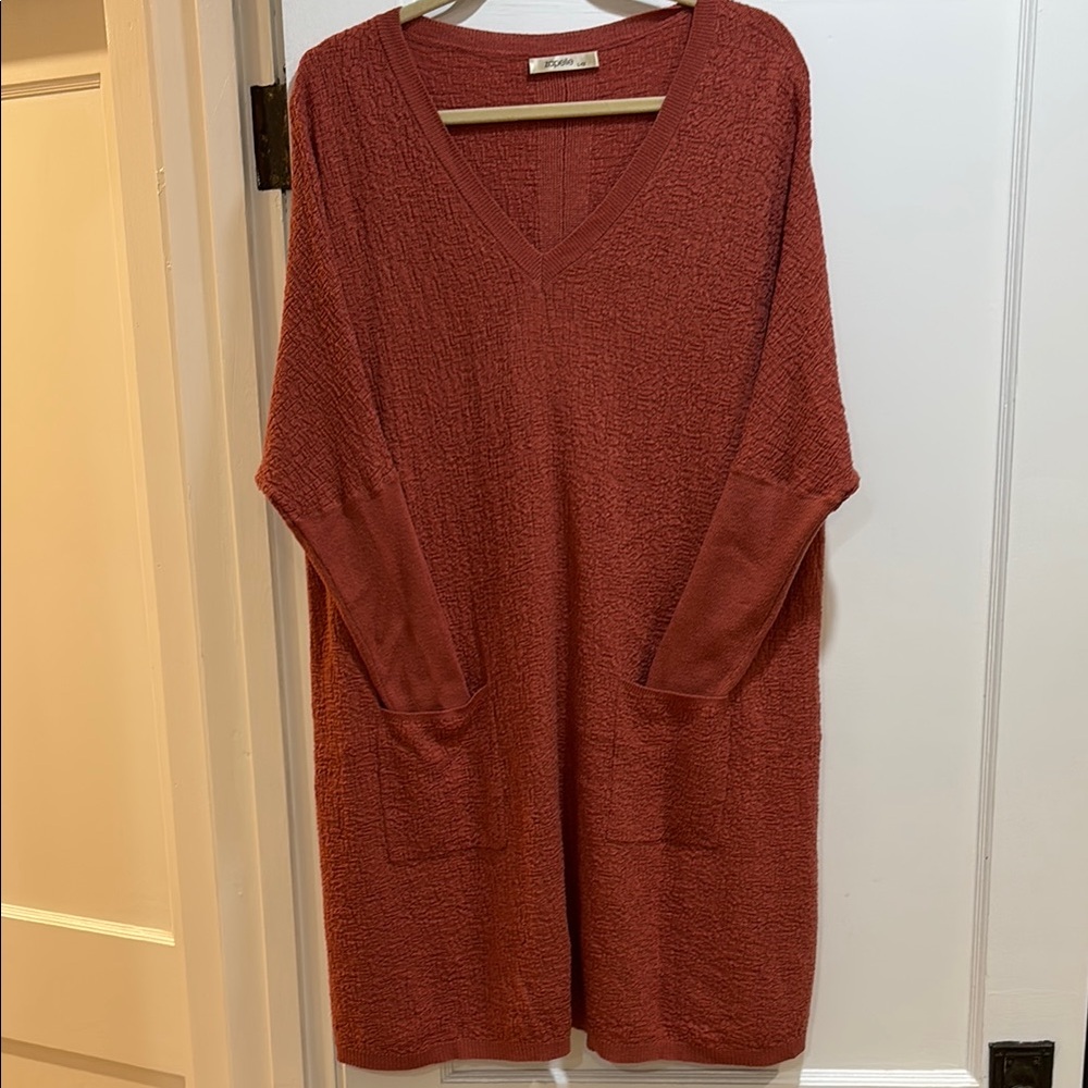 Rust V-Neck Knit Sweater Dress